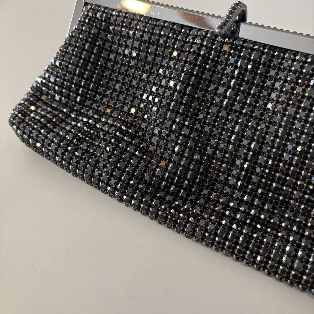 NEW Natasha Crystal Evening Purse Clutch Black Convertible Prong Set Stones